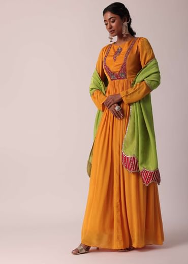 Orange Chiffon Anarkali With Dupatta
