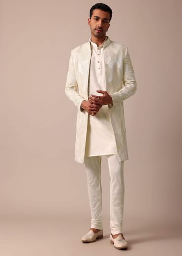 Classic Beige Banarasi Silk Sherwani Set