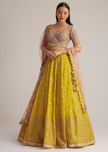 Yellow and Mauve Embroidered Lehenga Set With Net Dupatta
