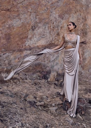 Oyster Beige Pre-Stitched Saree With Stylized Blouse