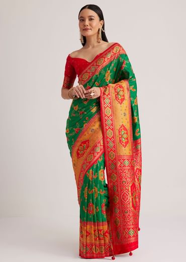 Green Silk Woven Ikat Motif Saree With Constrat Pallu