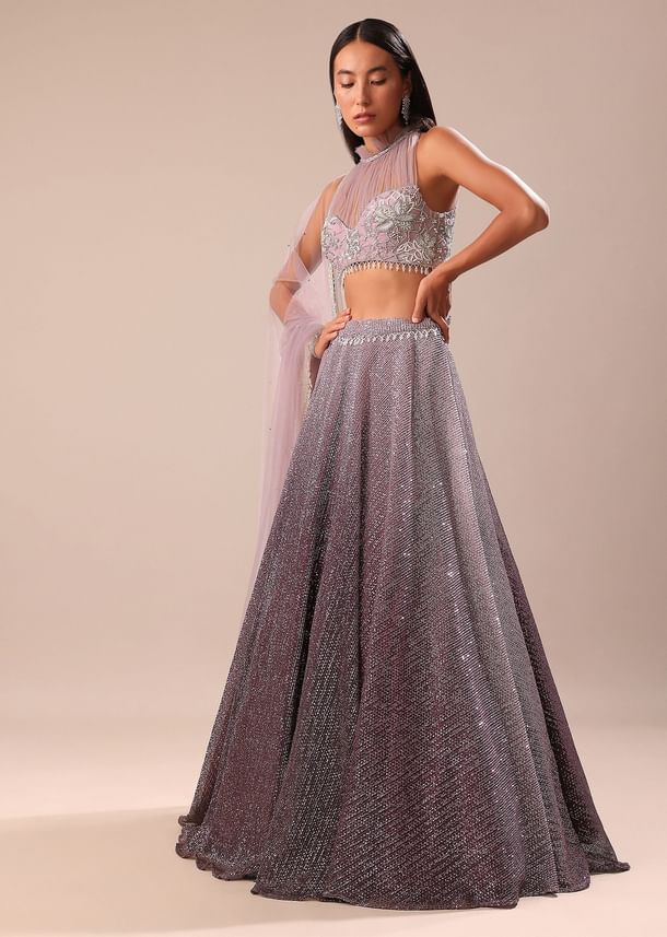 Purple Ombre Sequin Lehenga With Ruched Halter Blouse Purple Ombre Sequin Lehenga With Ruched Halter Blouse