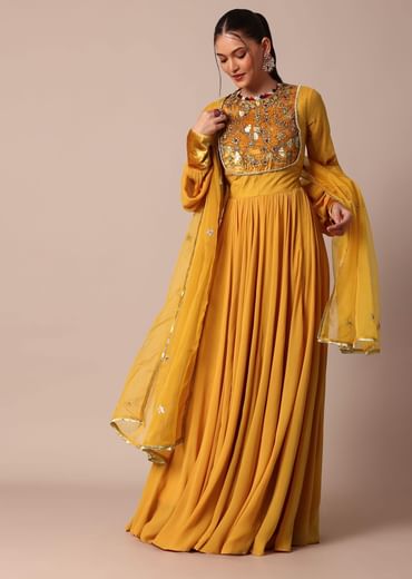 Mustard Yellow Embroidered Anarkali With Organza Dupatta