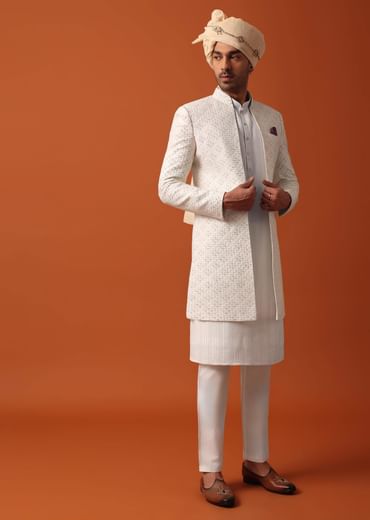 Blush Pink Sherwani Adorned with Intricate Embroidery All Over
