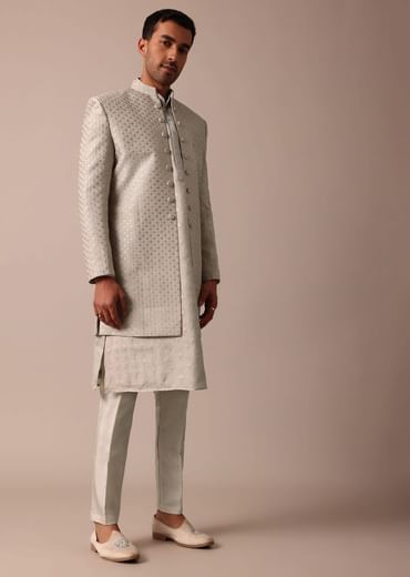 Elegant Beige Silk Sherwani Set With Intricate Embroidery