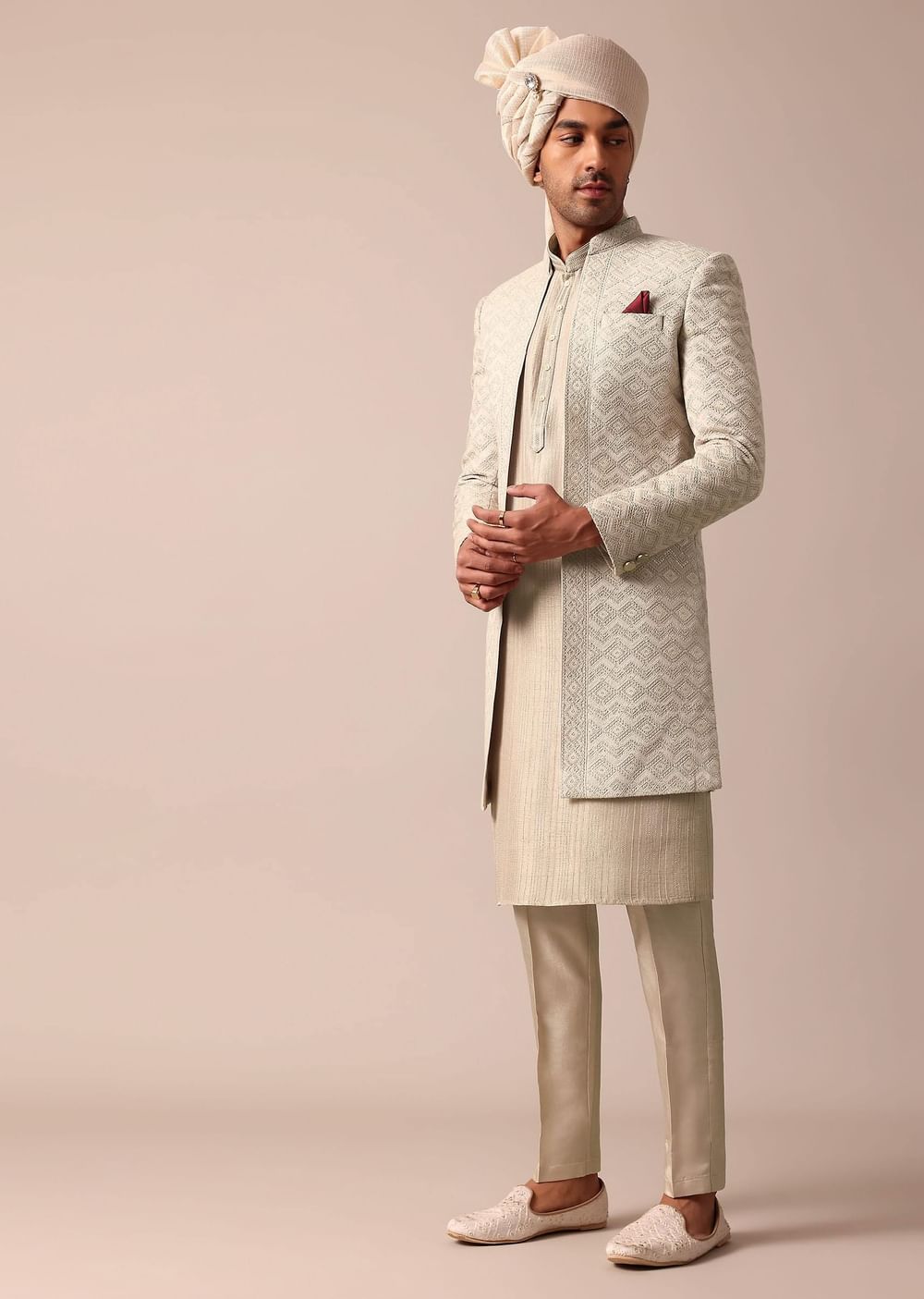 Beige Grey Silk Sherwani Set