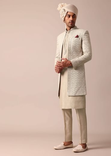 Beige Grey Silk Sherwani Set Beige Grey Silk Sherwani Set