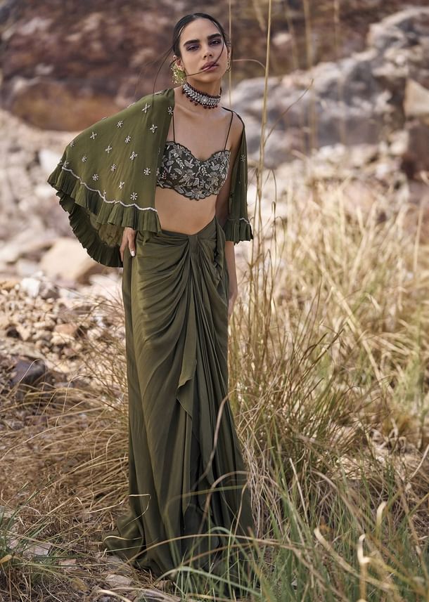 Olive Green Pre-Stitched Draped Skirt With Blouse And Cape