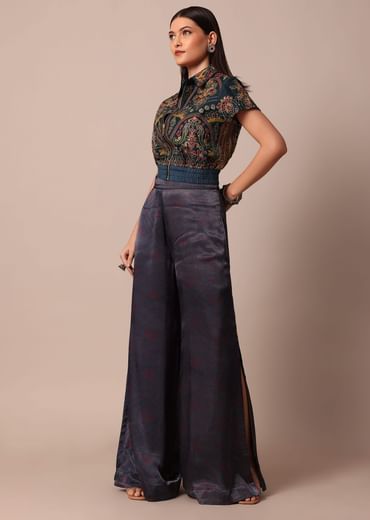 Blue Printed Festive Crop Top With Embroidered Jacket And Palazzo Set