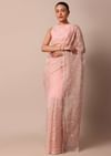 Pink Saree In Organza Silk With Chikankari Floral Work And Unstitched Blouse Fabric
