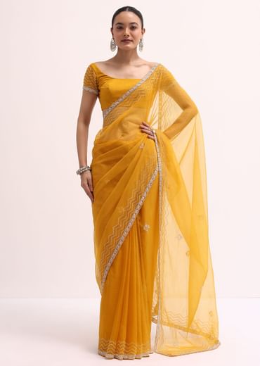 Orange Organza Saree With Unstitched Blouse