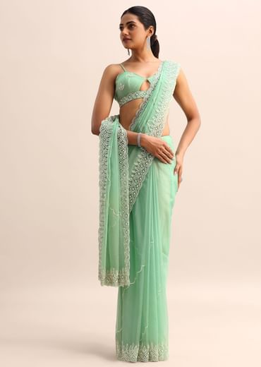 Mint Blue Organza Saree With Cutdana Embroidery And Scallop Border With Unstitched Blouse