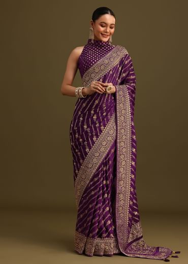 Purple Embroidered Saree With Zardosi And Cutdana Work