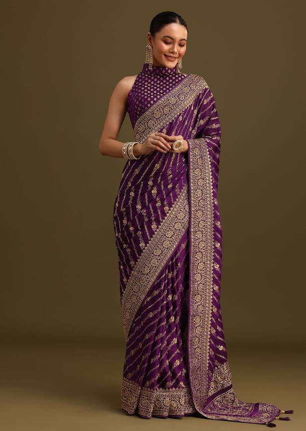Purple Embroidered Saree With Zardosi And Cutdana Work