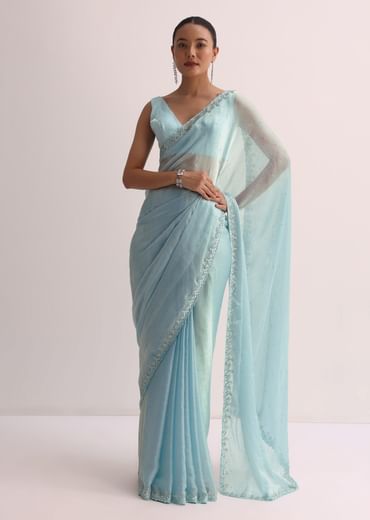 Sky Blue Saree With Cutdana Border And Unstitched Blouse