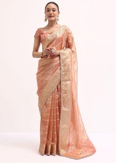 Pinkish Gold Zari Chanderi Silk Saree With Unstitched Border