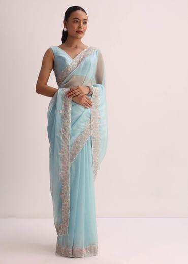 Sky Blue Saree With Resham Threadwork And Unstitched Blouse