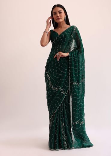 Bottle Green Chinon Saree With Cut Dana Embroidery And Unstitched Blouse