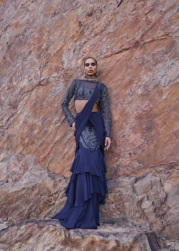 French Blue Fishcut Draped Frill Saree With Blouse French Blue Fishcut Draped Frill Saree With Blouse