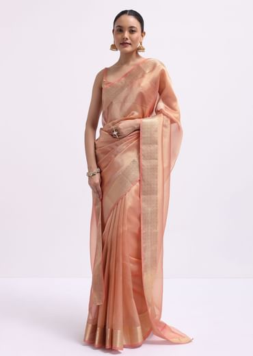 Peach Zari Woven Chanderi Saree With Unstitched Blouse
