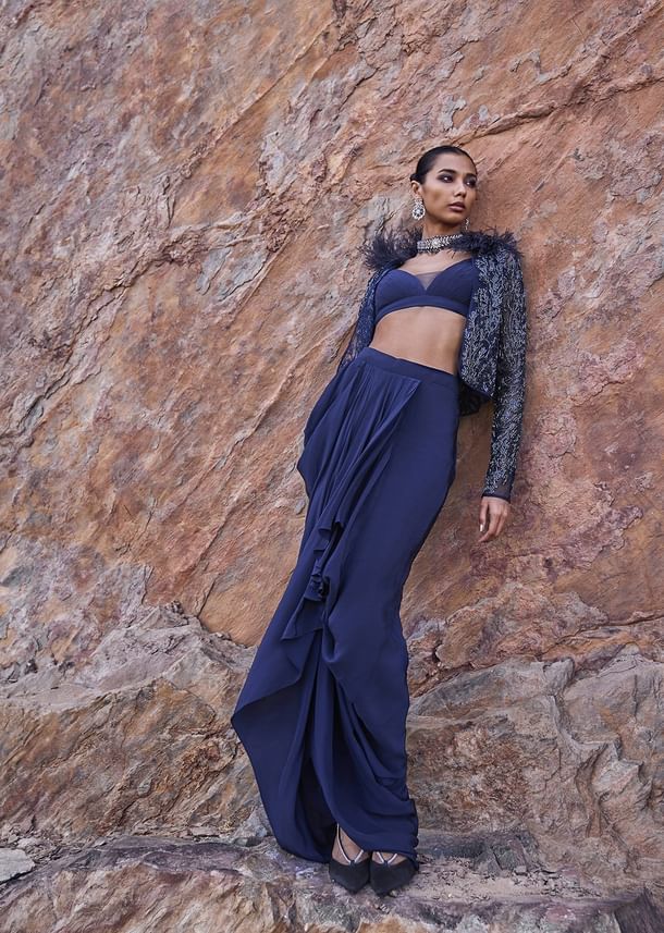 Midnight Blue Feathered Jacket With Draped Skirt And Bustier Midnight Blue Feathered Jacket With Draped Skirt And Bustier