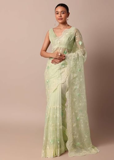 Green Chikankari Saree In Organza Silk With Resham Floral Jaal And Unstitched Blouse Fabric