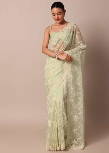 Pista Green Organza Silk Chikankari Saree With Floral Thread Jaal Work And Unstitched Blouse Fabric