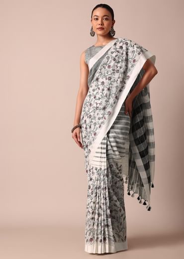 White Cotton Linen Floral Thread Embroidered Saree With Unstitched Blouse Piece