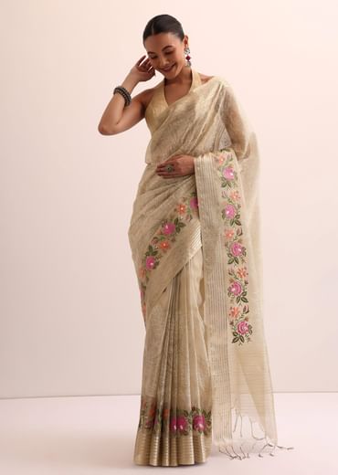 Beige Gold Chanderi Silk Saree With Thread Work And Unstitched Blouse Beige Gold Chanderi Silk Saree With Thread Work And Unstitched Blouse