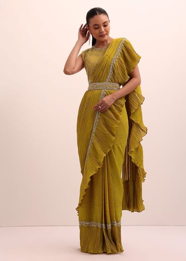 Mustard Yellow Georgette Frill Saree With Embellished Blouse