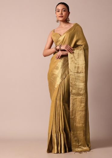 Gold Cotton Linen Saree With Zari Border And Unstitched Blouse Piece