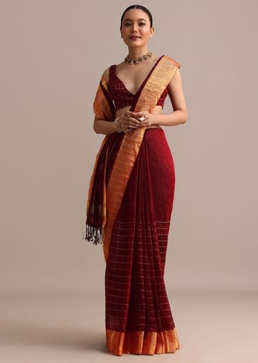 Maroon Linen Woven Saree With Zari Border And Unstitched Blouse