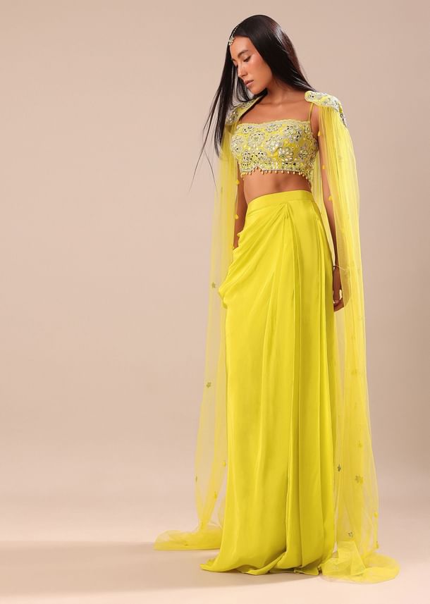Citrus Green Draped Skirt With Embroidered Blouse And Cape