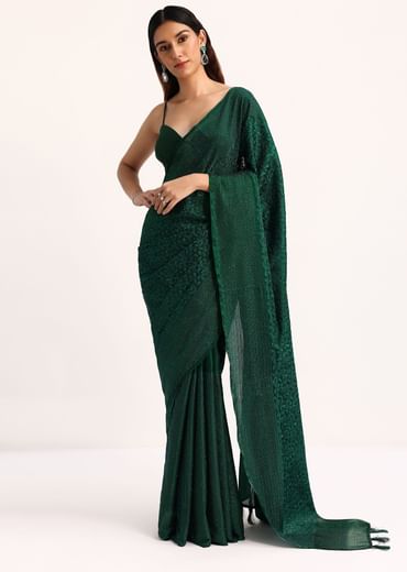 Dark Green Tissue Saree With Thread And Stone Embroidery And Unstitched Blouse