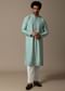 Mint Green Threadwork Silk Kurta Set For Men