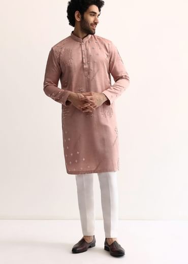 Pink Silk Handwork Kurta Set For Men