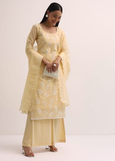Pale Yellow Palazzo Set With Patchwork Kurta Stitched Dress Material