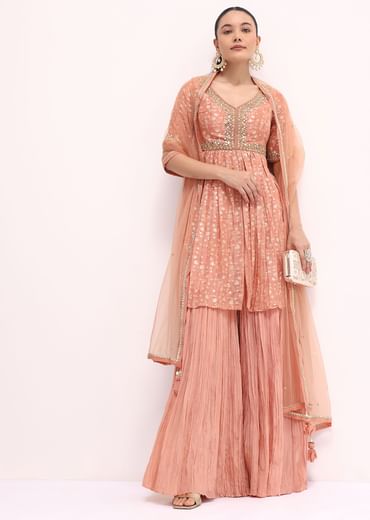 Peach Embroidered Kurta Sharara Set