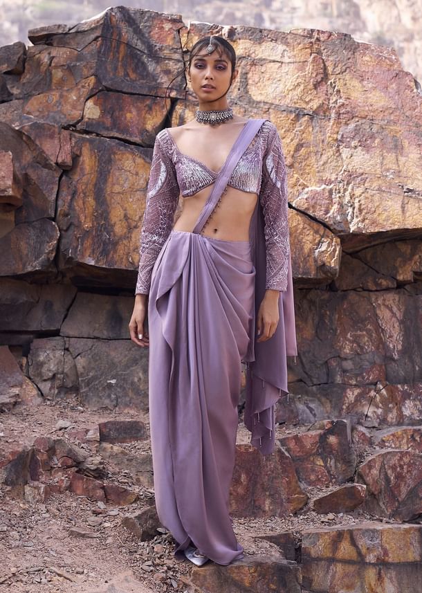 Lavender Draped Skirt With Pleated Pallu And Blouse