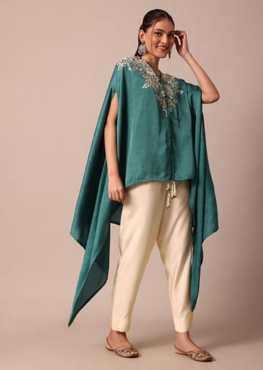 Chic Turquoise Blue Crop Top With Embroidered Jacket And Pants