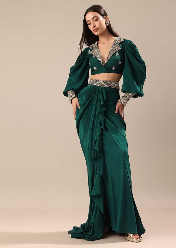 Pine Green Embroidered Blouse And Drape Skirt