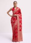 Red Zari Jaal Dola Silk Saree With Unstitched Blouse