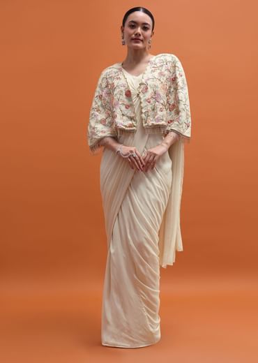 White Chiffon Embroidered Fusion Set With Attached Dupatta And Cape