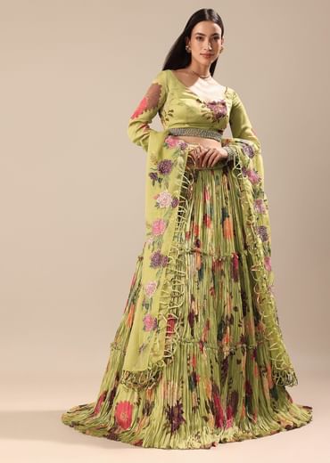 Verdant Green Printed Blouse And Skirt