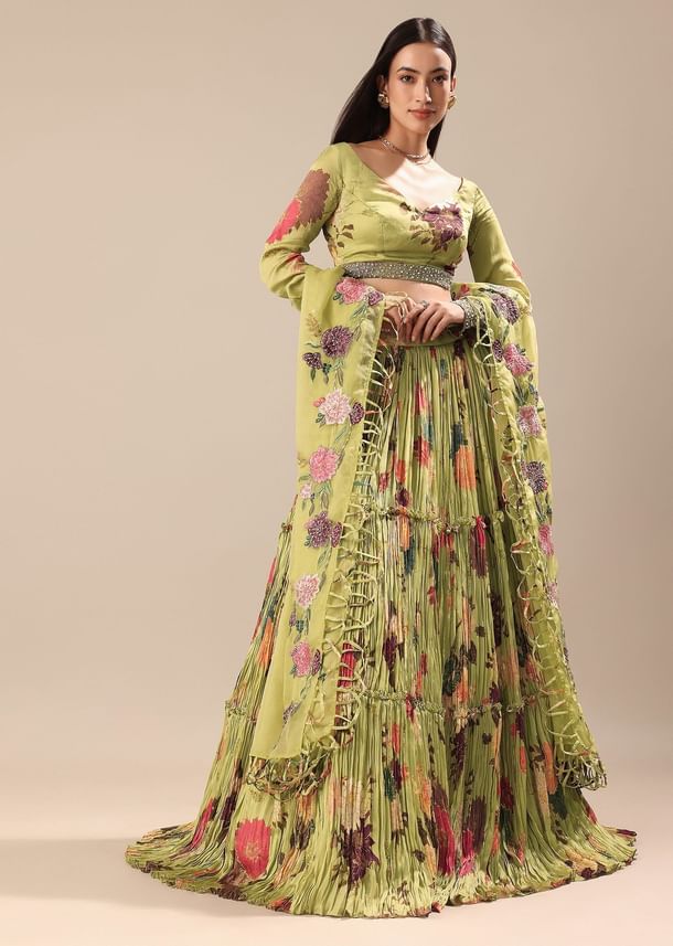 Verdant Green Printed Blouse And Skirt