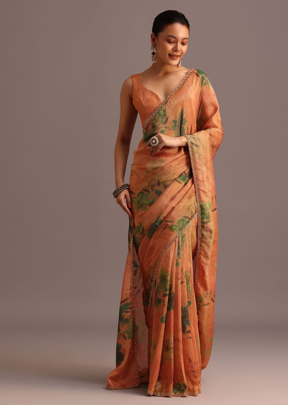 Brown Tissue Silk Printed Saree With Cutdana Embroidered Border And Unstitched Blouse