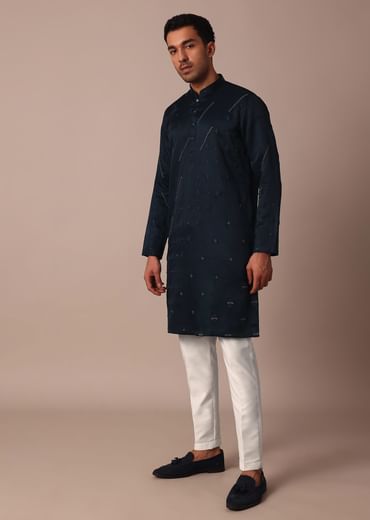 Navy Blue Silk Kurta Set With Hand Work
