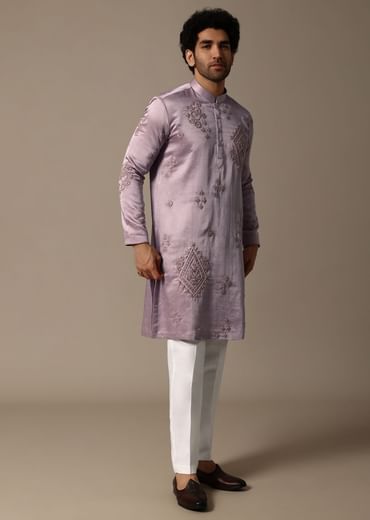 Pink Hand Embroidered Linen Kurta Set For Men
