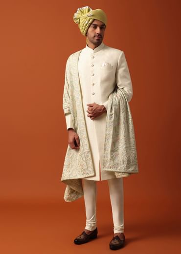 Classic White Neckline Embroidered Sherwani With Pashmina Dupatta