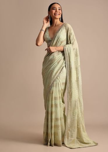 Pista Green Embroidered Georgette Saree With Unstitched Blouse